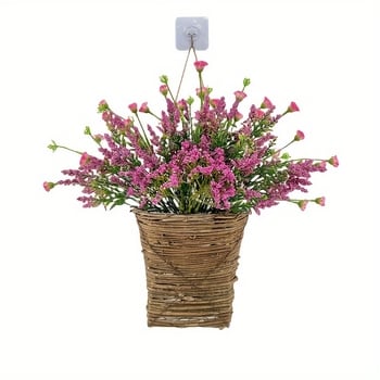 Coroană de ușă în coș suspendat, cu fructe roz și flori sălbatice, decor pentru casă, floare de Crăciun