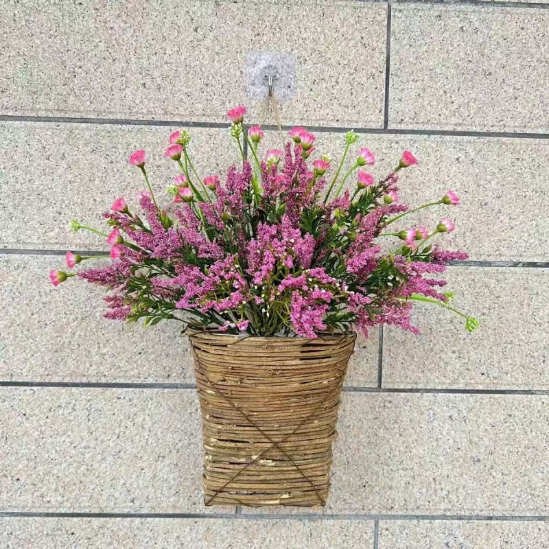 Coroană de ușă în coș suspendat, cu fructe roz și flori sălbatice, decor pentru casă, floare de Crăciun