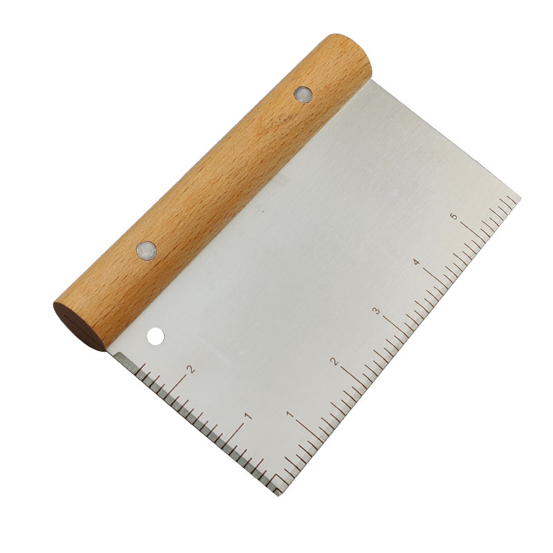 Cuțit pentru aluat din oțel inoxidabil, mâner din lemn și scară de măsurare, spatulă pentru aluat pentru coacere