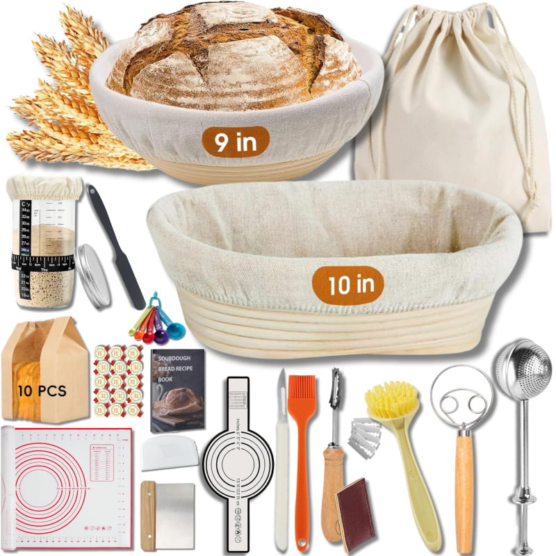 Set de 50 de unelte pentru coacerea pâinii, cu coșuri Banneton din răchită, spatule pentru aluat, flaker pentru făină și set pentru tăierea pâinii