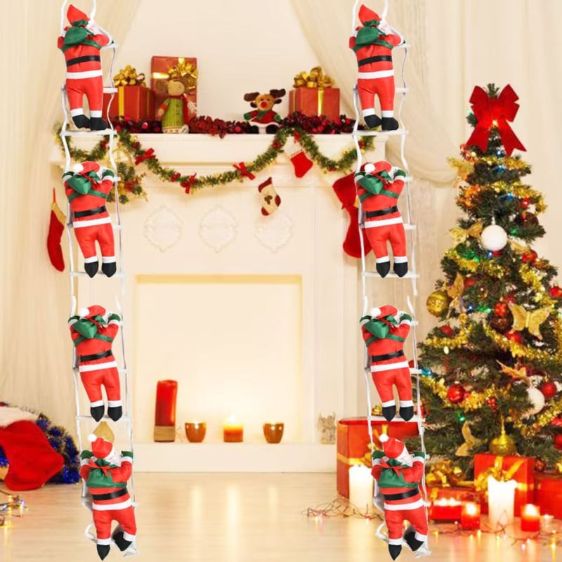Decorațiune de Crăciun: Figurină cu Moș Crăciun ce se cațără pe funie, ornament pentru brad