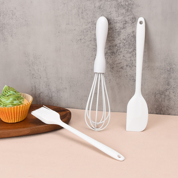 Set de unelte pentru coacere din silicon: spatule, pensulă de ulei și tel manual – trei piese, de calitate alimentară