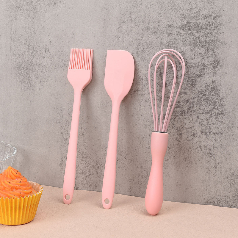 Set de unelte pentru coacere din silicon: spatule, pensulă de ulei și tel manual – trei piese, de calitate alimentară