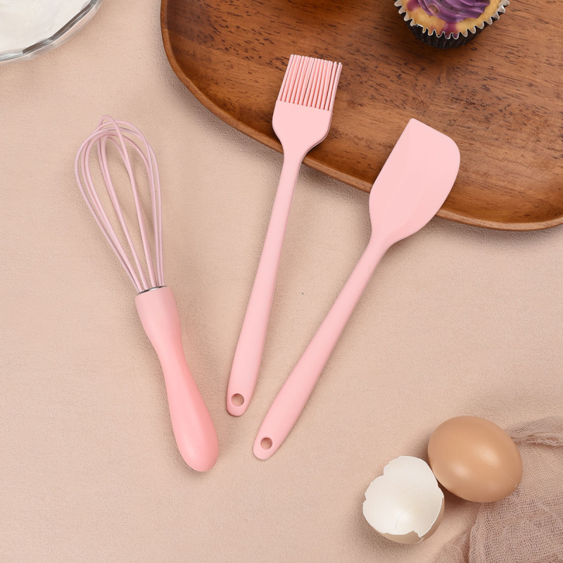 Set de unelte pentru coacere din silicon: spatule, pensulă de ulei și tel manual – trei piese, de calitate alimentară