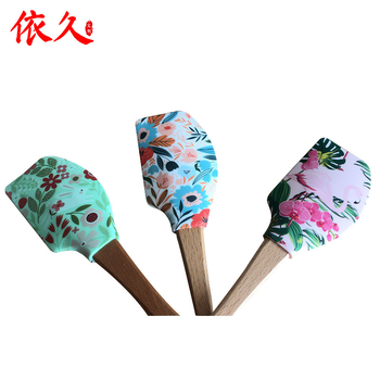 Spatulă de silicon cu mâner din lemn și model color, imprimare prin transfer termic pentru coacere și cremă, spatulă de silicon cu transfer în matriță