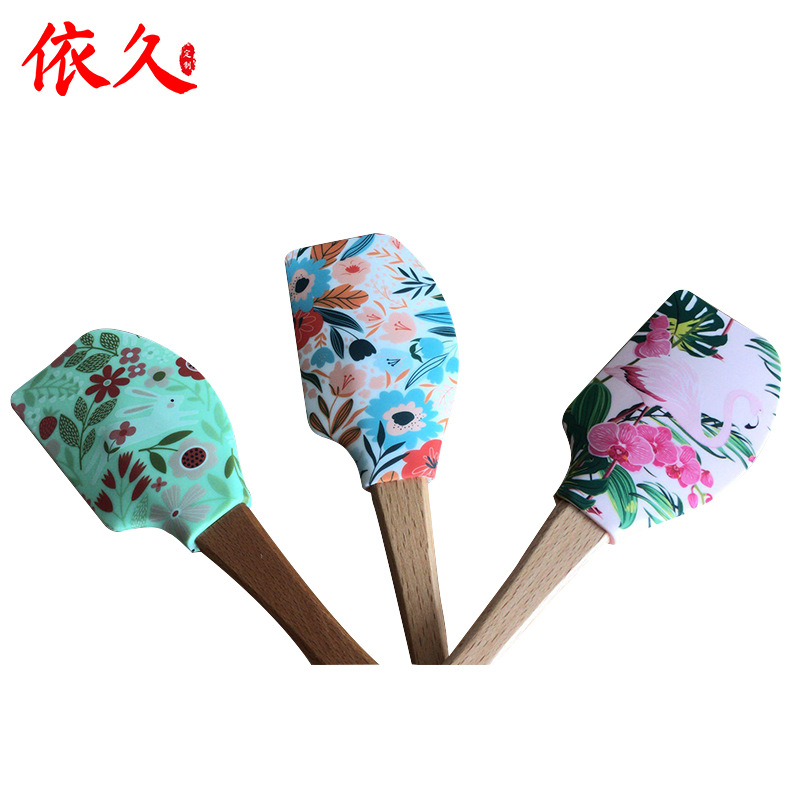 Spatulă de silicon cu mâner din lemn și model color, imprimare prin transfer termic pentru coacere și cremă, spatulă de silicon cu transfer în matriță