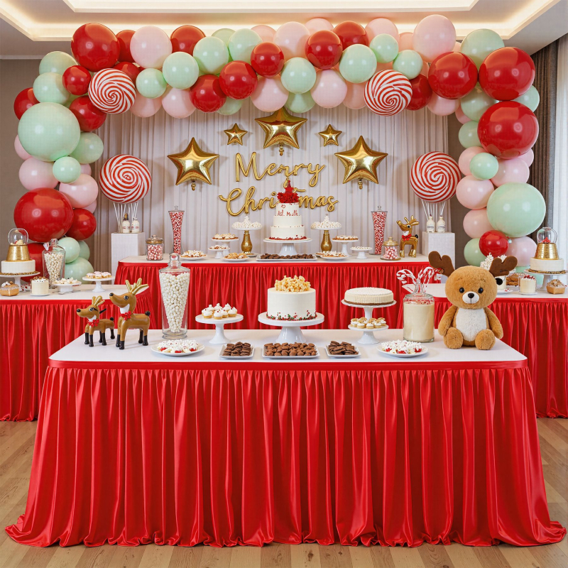 Fustă de masă roșie din poliester, groasă, pentru decor de Crăciun, decor festiv de înaltă clasă pentru masă lungă