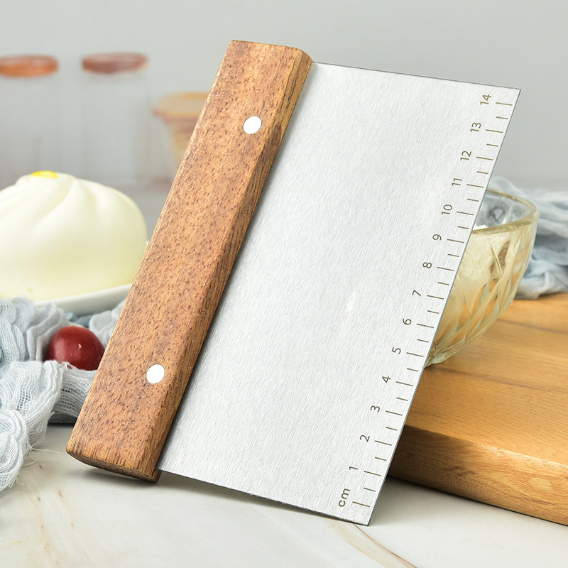 Cuțit pentru aluat din oțel inoxidabil, cu scară gradată și mâner din lemn, spatulă pentru aluat, spatulă pentru tăițeii de orez, cuțit pentru tort, accesorii de copt