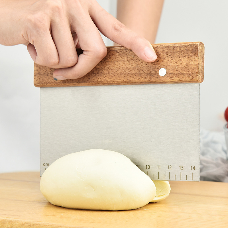 Cuțit pentru aluat din oțel inoxidabil, cu scară gradată și mâner din lemn, spatulă pentru aluat, spatulă pentru tăițeii de orez, cuțit pentru tort, accesorii de copt