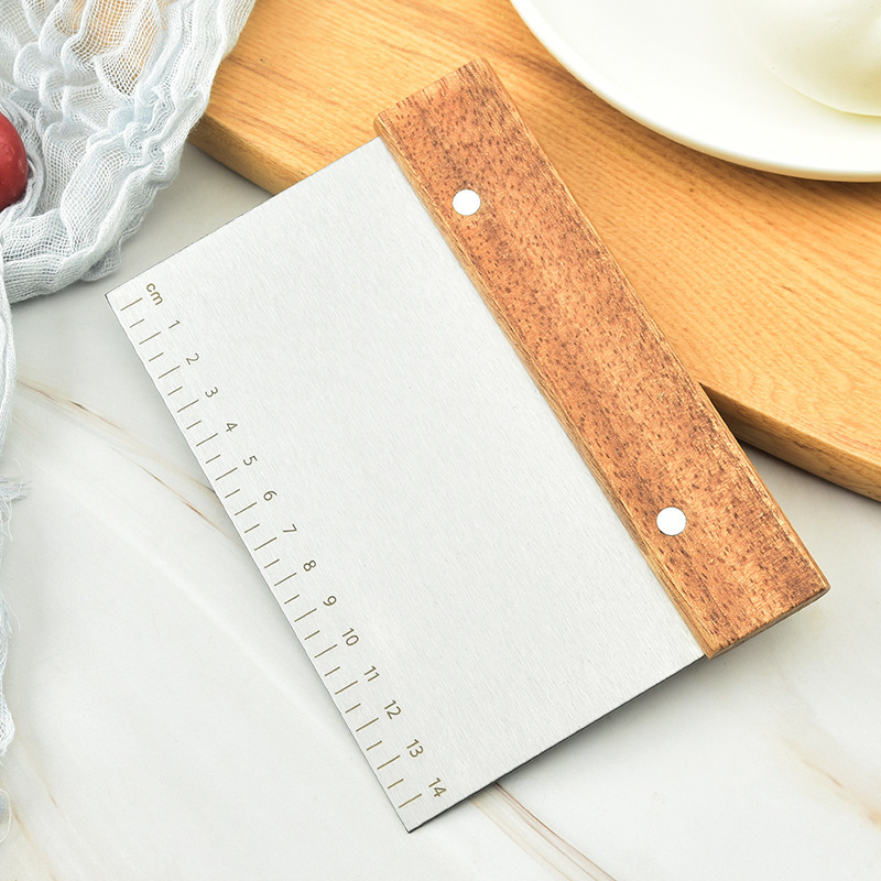 Cuțit pentru aluat din oțel inoxidabil, cu scară gradată și mâner din lemn, spatulă pentru aluat, spatulă pentru tăițeii de orez, cuțit pentru tort, accesorii de copt