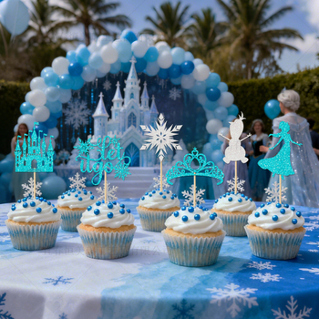 Etichete pentru tort cu tema Frozen: coroană de prințesă, castel și fulgi de zăpadă pentru petreceri de iarnă și Crăciun