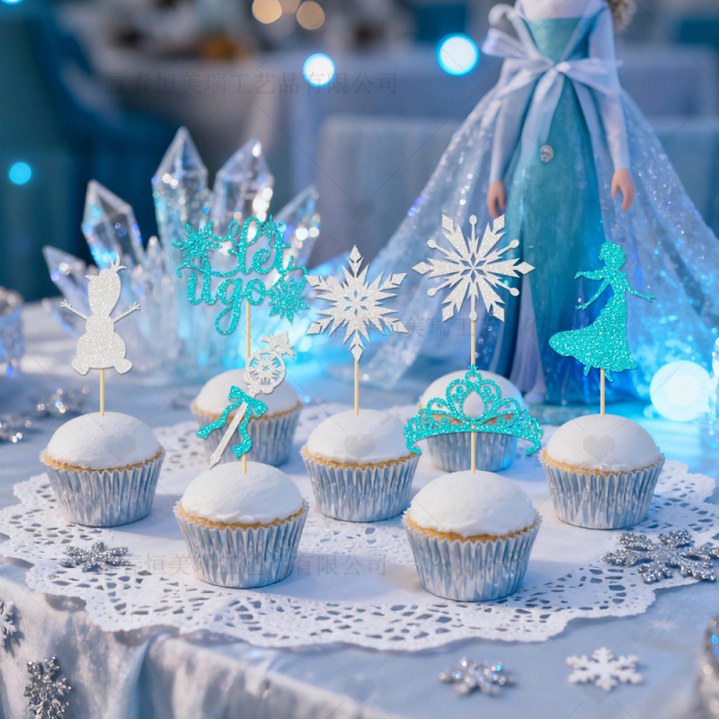 Etichete pentru tort cu tema Frozen: coroană de prințesă, castel și fulgi de zăpadă pentru petreceri de iarnă și Crăciun