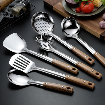 Set de ustensile de bucătărie din oțel inoxidabil gros: spatulă, lingură de supă, spatulă pentru prăjit și strecurătoare pentru oală