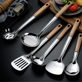 Set de ustensile de bucătărie din oțel inoxidabil gros: spatulă, lingură de supă, spatulă pentru prăjit și strecurătoare pentru oală