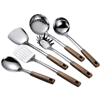 Set de ustensile de bucătărie din oțel inoxidabil gros: spatulă, lingură de supă, spatulă pentru prăjit și strecurătoare pentru oală