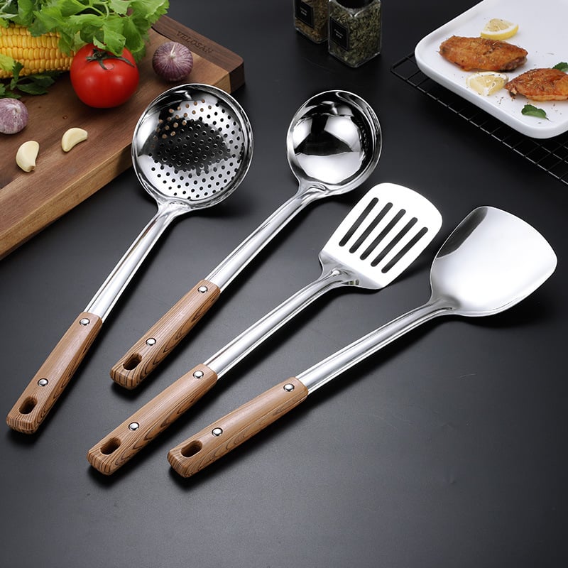 Set de ustensile de bucătărie din oțel inoxidabil gros: spatulă, lingură de supă, spatulă pentru prăjit și strecurătoare pentru oală
