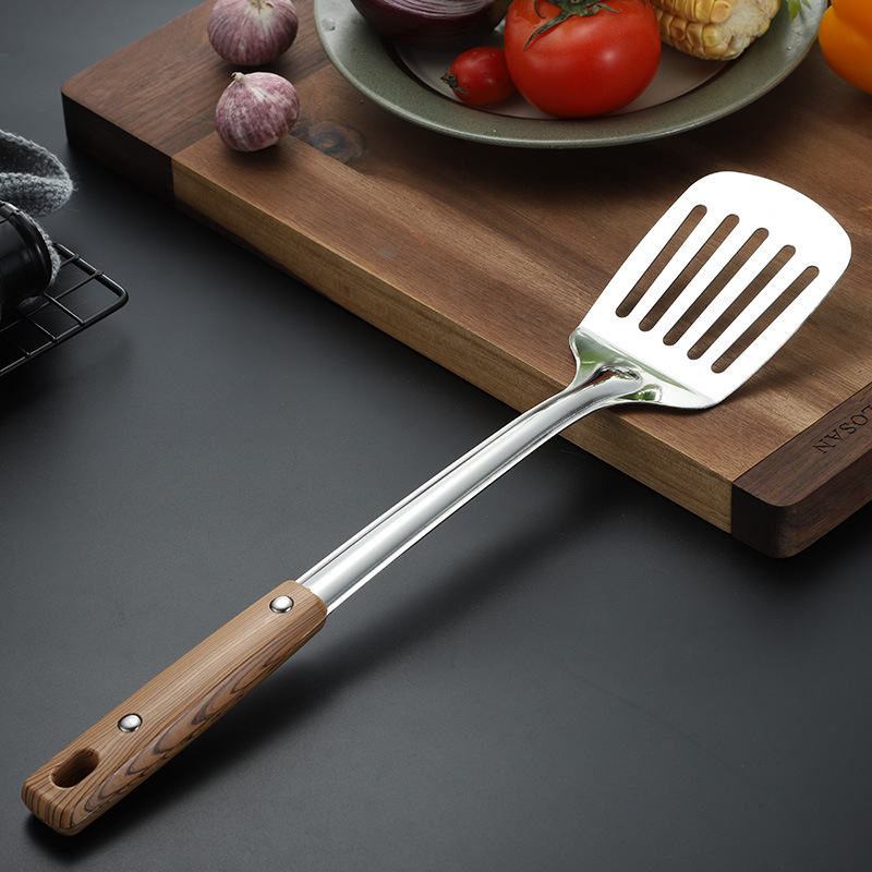 Set de ustensile de bucătărie din oțel inoxidabil gros: spatulă, lingură de supă, spatulă pentru prăjit și strecurătoare pentru oală
