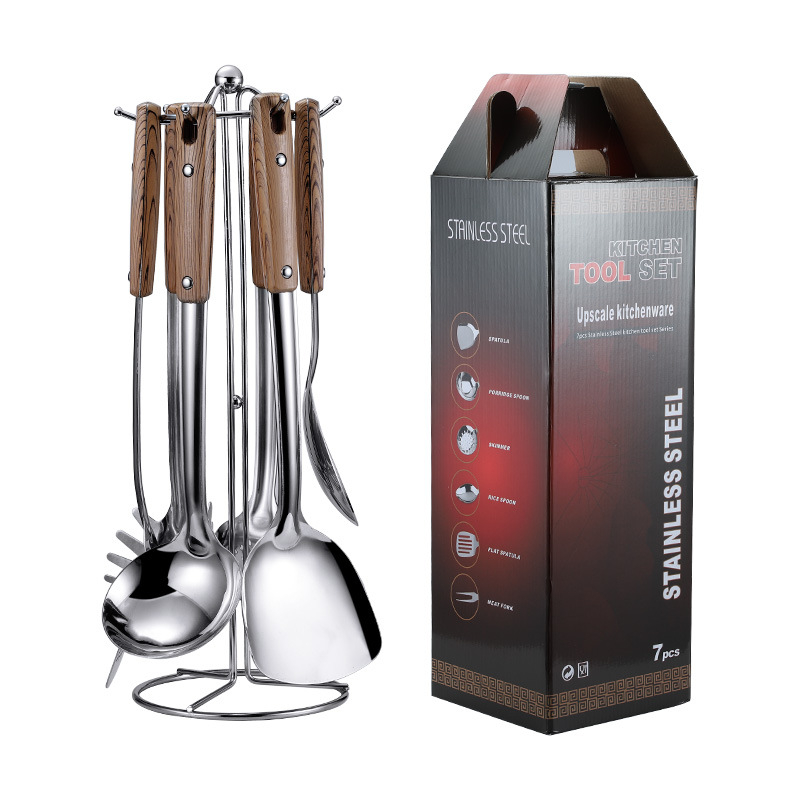 Set de ustensile de bucătărie din oțel inoxidabil gros: spatulă, lingură de supă, spatulă pentru prăjit și strecurătoare pentru oală