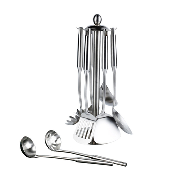 Set de ustensile de bucătărie din oțel inoxidabil 304 cu mânere termoizolante — spatulă, lingură de supă, spatulă pentru prăjit, lingură cu găuri, strecurătoare; personalizare cu logo disponibil