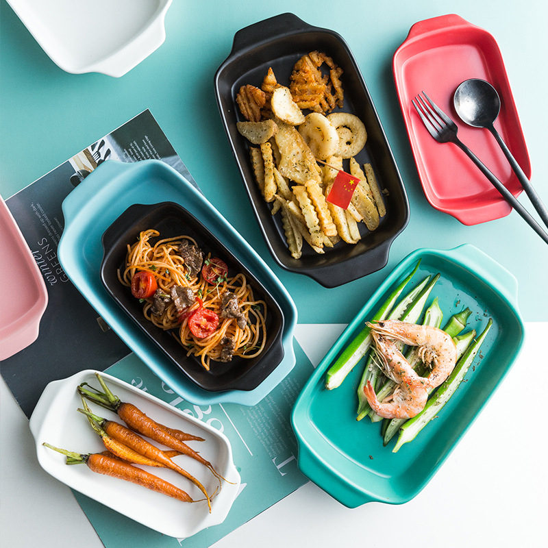 Tavă de cuptor ceramic Nordic, cu două mânere, pătrată, din porțelan, pentru uz casnic și restaurant, compatibilă cu microundele.