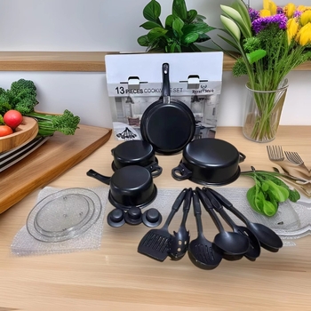 Set de 13 piese de vase de gătit: oală de supă, oală de lapte și tigaie – acoperire antiaderentă, capac de sticlă, design modern minimalist din fier