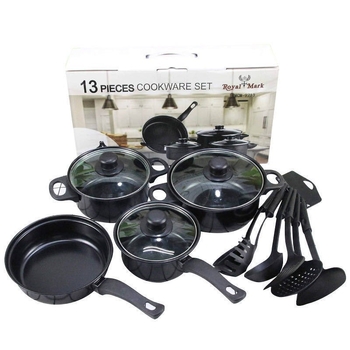 Set de 13 piese de vase de gătit: oală de supă, oală de lapte și tigaie – acoperire antiaderentă, capac de sticlă, design modern minimalist din fier