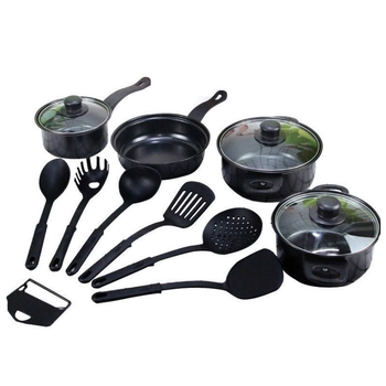 Set de 13 piese de vase de gătit: oală de supă, oală de lapte și tigaie – acoperire antiaderentă, capac de sticlă, design modern minimalist din fier