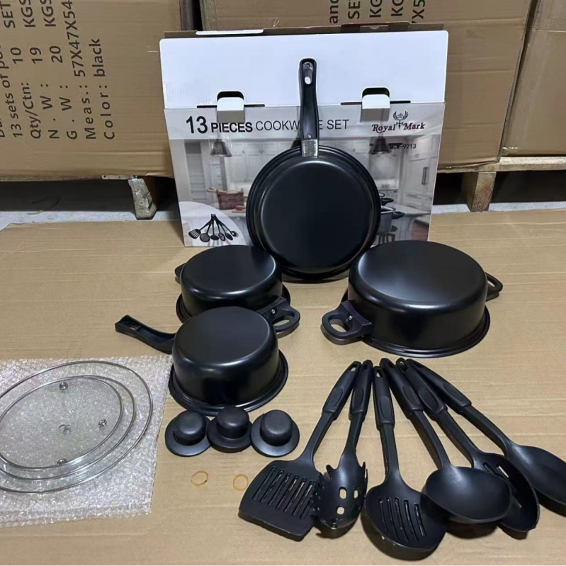 Set de 13 piese de vase de gătit: oală de supă, oală de lapte și tigaie – acoperire antiaderentă, capac de sticlă, design modern minimalist din fier