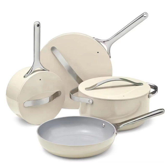 Set de vase din aluminiu cu suprafață ceramică antiaderentă, 7 piese: tigaie, wok, oală pentru lapte, oală extensibilă