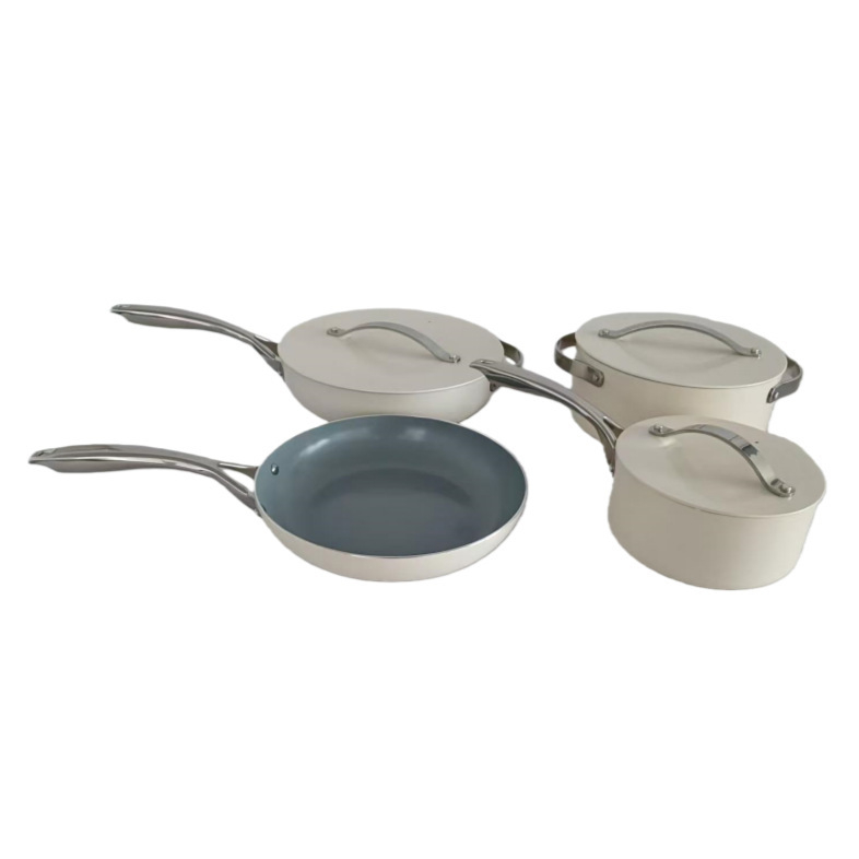 Set de vase din aluminiu cu suprafață ceramică antiaderentă, 7 piese: tigaie, wok, oală pentru lapte, oală extensibilă