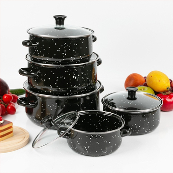 Set de vase emailate, compus din cinci piese, oale de supă cu capac din sticlă, finisaj negru cu puncte, model 673DG