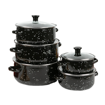 Set de vase emailate, compus din cinci piese, oale de supă cu capac din sticlă, finisaj negru cu puncte, model 673DG