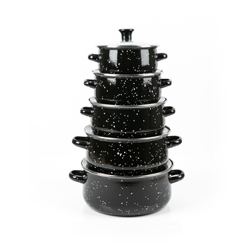 Set de vase emailate, compus din cinci piese, oale de supă cu capac din sticlă, finisaj negru cu puncte, model 673DG