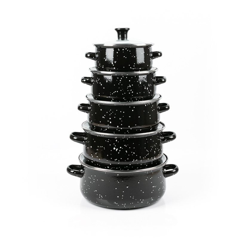 Set de vase emailate, compus din cinci piese, oale de supă cu capac din sticlă, finisaj negru cu puncte, model 673DG