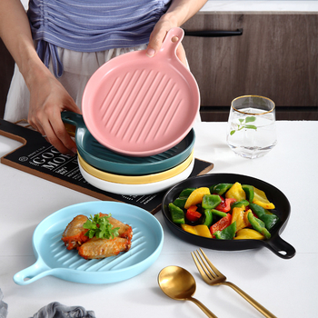 Farfurie rotundă din porțelan, cu mâner unic, în stil nordic, platou de coacere – potrivit pentru brânză și orez copt
