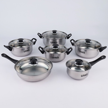 Sihe set de 6 vase din oțel inoxidabil cu mâner negre pentru plite cu inducție, capace din sticlă (oale 16,18,20,22,24 cm și tigaie 24 cm)