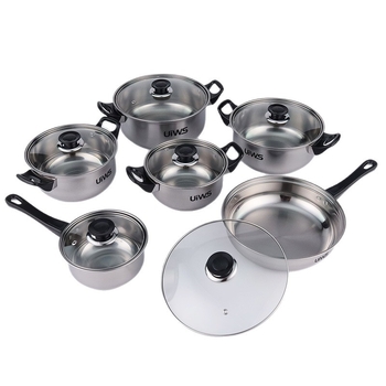 Sihe set de 6 vase din oțel inoxidabil cu mâner negre pentru plite cu inducție, capace din sticlă (oale 16,18,20,22,24 cm și tigaie 24 cm)