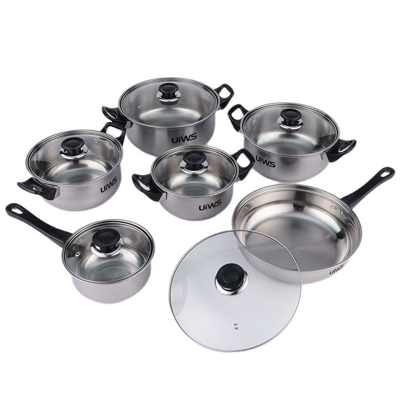 Sihe set de 6 vase din oțel inoxidabil cu mâner negre pentru plite cu inducție, capace din sticlă (oale 16,18,20,22,24 cm și tigaie 24 cm)