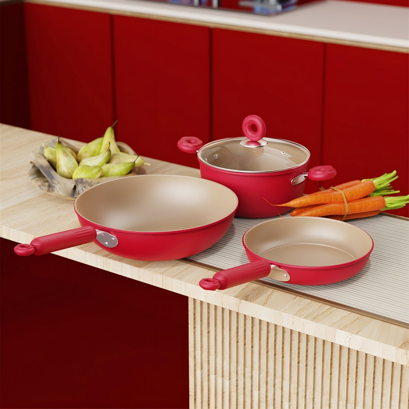 Set de trei vase de bucătărie pentru uz casnic: wok 30 cm, oală de supă cu capac 22 cm, tigaie 22 cm, cu strat antiaderent