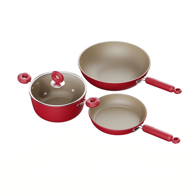 Set de trei vase de bucătărie pentru uz casnic: wok 30 cm, oală de supă cu capac 22 cm, tigaie 22 cm, cu strat antiaderent