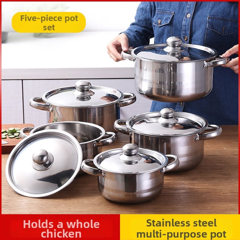 Set de oale din oțel inoxidabil, 5 piese, 18–26 cm, compatibil cu plitele cu inducție, oale cu mânere duble.