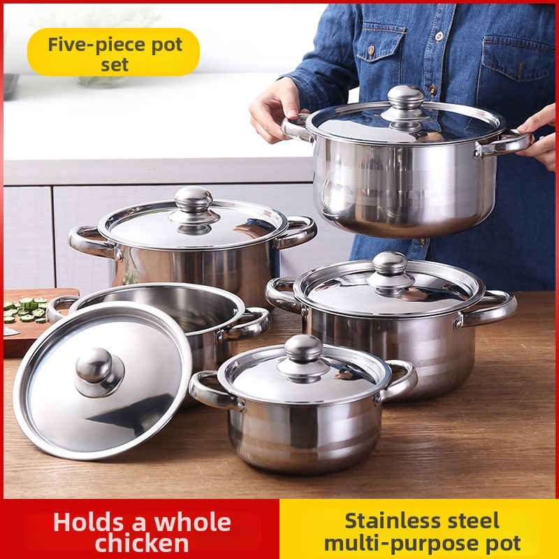 Set de oale din oțel inoxidabil, 5 piese, 18–26 cm, compatibil cu plitele cu inducție, oale cu mânere duble.