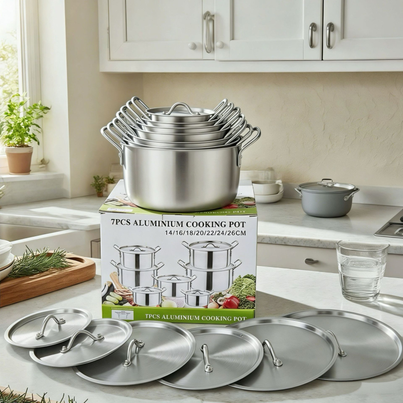 Set de oale din aluminiu întărit, 7 piese, cu capace, dimensiuni 14-26 cm