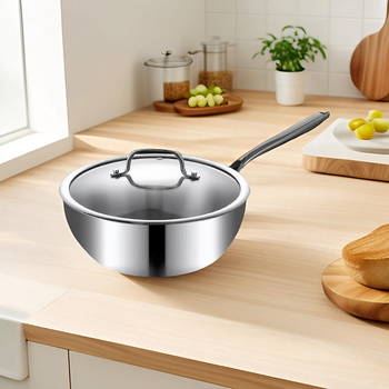 Tigaie și wok din oțel inoxidabil 304, 24 cm, bază plată, compatibil cu aragazuri cu gaz și inducție, netencuit, capac din sticlă