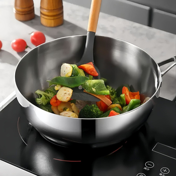 Tigaie și wok din oțel inoxidabil 304, 24 cm, bază plată, compatibil cu aragazuri cu gaz și inducție, netencuit, capac din sticlă