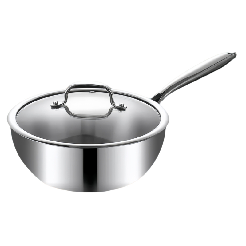 Tigaie și wok din oțel inoxidabil 304, 24 cm, bază plată, compatibil cu aragazuri cu gaz și inducție, netencuit, capac din sticlă