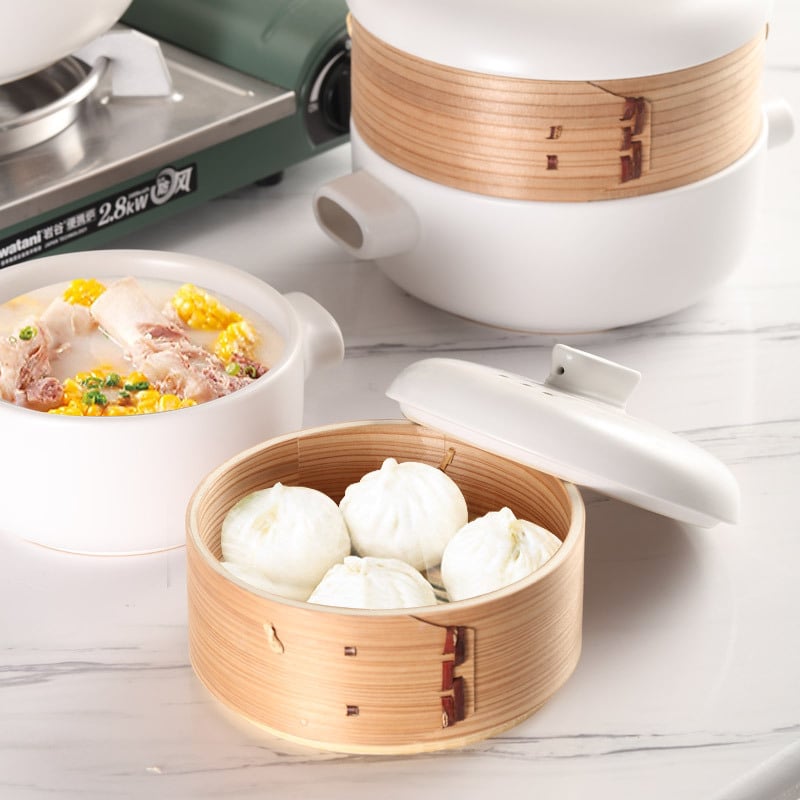 Set de aburi din bambus cu oală de lut, include grătare mari și mici pentru chifle și gyoza, tavă de aburi din lemn de fir