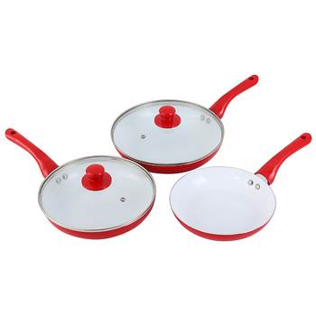 Set wok roșu din 5 piese, antiaderent, cu bază plată, din aliaj de aluminiu