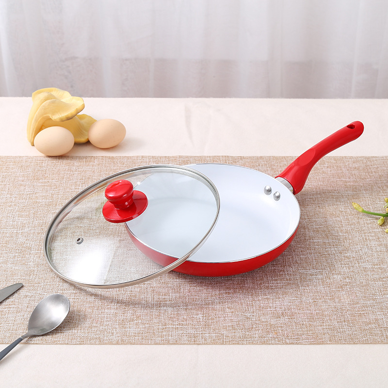 Set wok roșu din 5 piese, antiaderent, cu bază plată, din aliaj de aluminiu