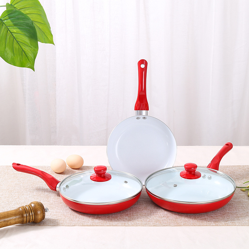 Set wok roșu din 5 piese, antiaderent, cu bază plată, din aliaj de aluminiu
